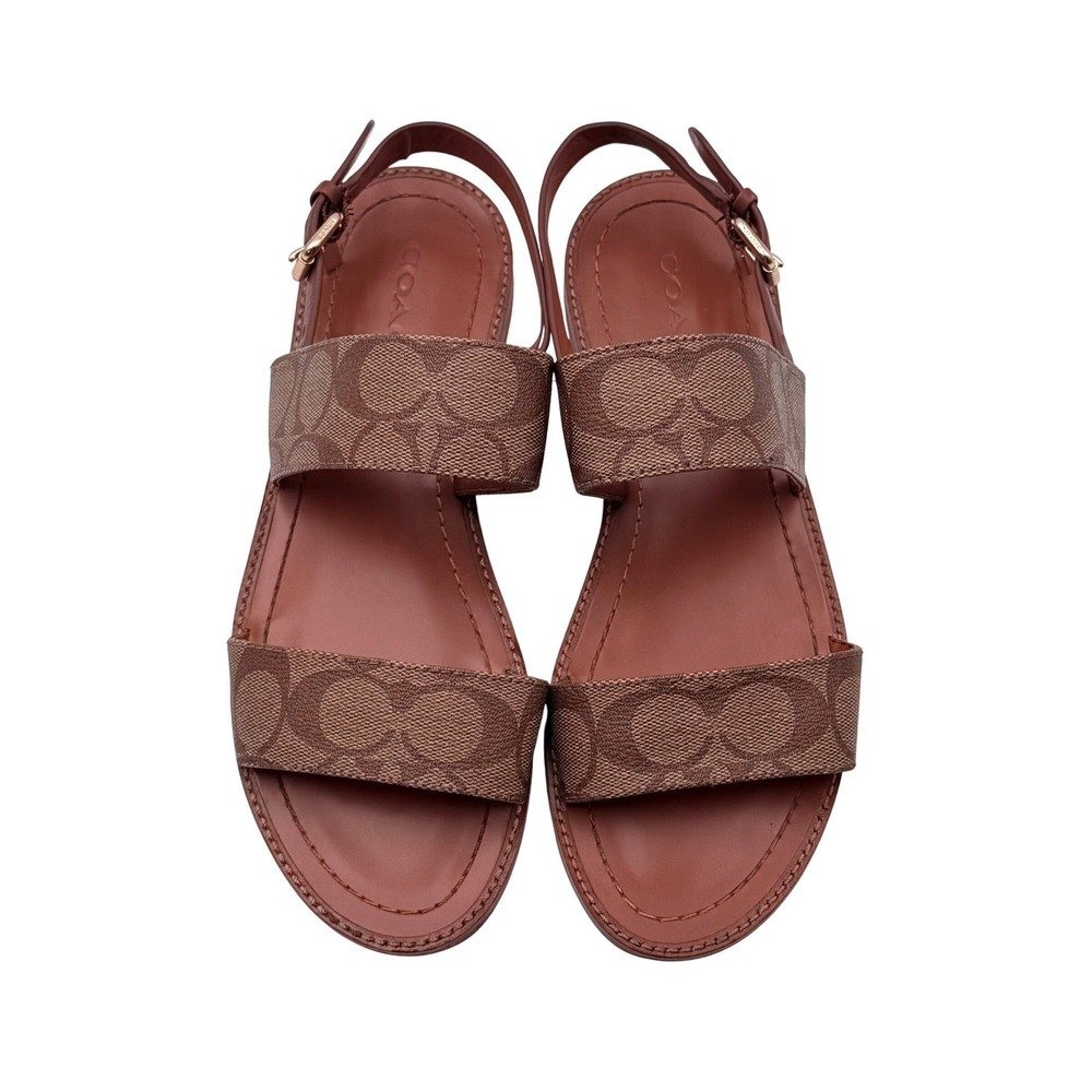 Coach Henny Flat Sandals Women's Size 8.5B Brown Signature Jacquard Ankle Strap